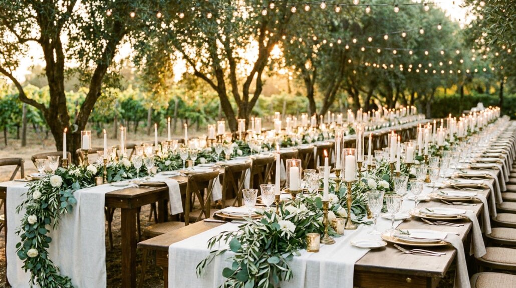 Gedeckte Hochzeitstafel mit Blumen im Freien